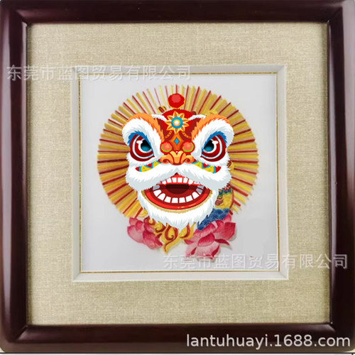 定制广绣粤绣刺绣礼品送老外会议纪念装饰挂画摆台岭南醒狮锦盒装
