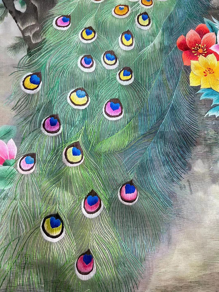 定制精品高档苏绣娘手工刺绣牡丹山水花鸟双面半透明纱布屏风隔断