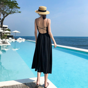 海边度假风女装性感露背吊带长裙交叉细肩带沙滩裙夏季高腰小黑裙