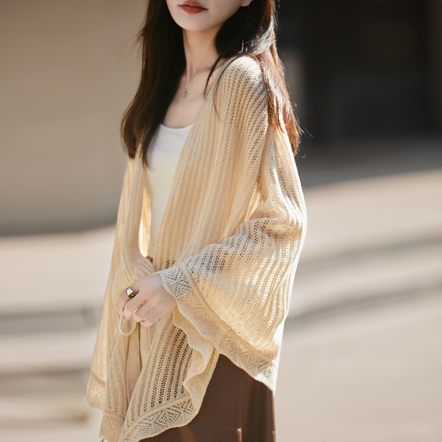 洋气纯羊毛衫披肩女花边镂空腰带围巾宽松羊绒衫开衫斗篷外套毛衣