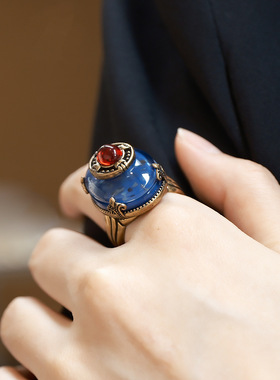 欧洲复古系列 蓝色琉璃黄铜vintage戒指男女同款戒指 指