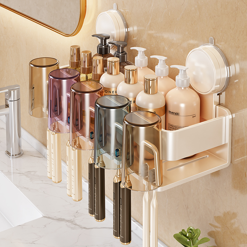 卫生间吸盘电动牙刷置物架免打孔壁挂家庭漱口杯牙具化妆品收纳架