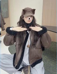 冬季新款皮毛一体外套复古羊皮羊羔毛机车夹克领子可立可翻皮草