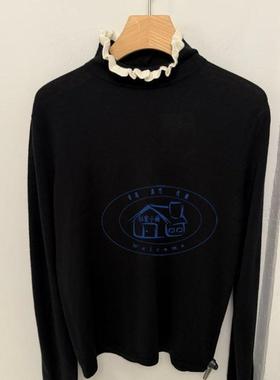 香港专柜代购agnes b.白色木耳領花邊半高領長袖針織衫 24秋冬女