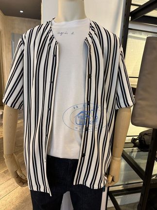 香港專櫃代購agnes b.HOMME時尚條紋厚身V領短袖衬衫 24春夏男款