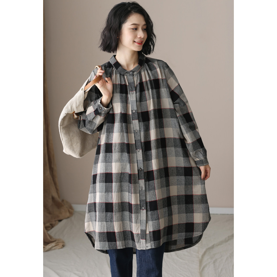 左耳左岸 衬衫女式中长款 格子长袖棉麻衬衣女 大码宽松秋装上衣