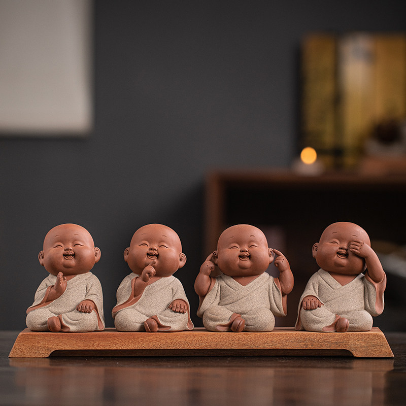 禅意紫砂四不小和尚摆件