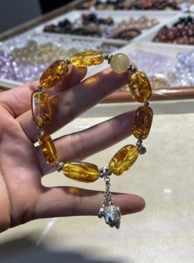 浩姐珠宝s925银镶嵌天然原矿蜜蜡琥珀随形手串 搭配 天然金发晶