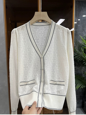 源头工厂六星推荐！优雅法式 五彩金银丝提花羊毛针织开衫上衣女