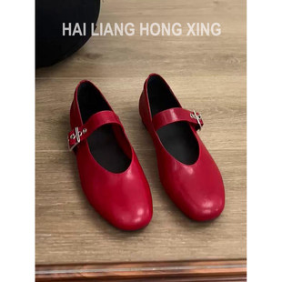 【商场同款】羊皮版~红色法式玛丽珍鞋女新款百搭小皮鞋圆头浅口