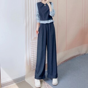 2026年春秋季新品韩系拼接假两件上衣+直筒阔腿裤两件套套裤298