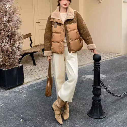 品牌2025冬季毛领时尚洋气PU皮拼毛短款羽绒服女8818