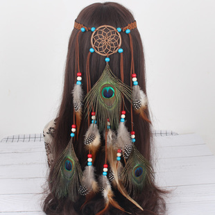 发饰印第安民族风羽毛头饰发箍舞台表演超仙波西米亚孔雀羽毛发带