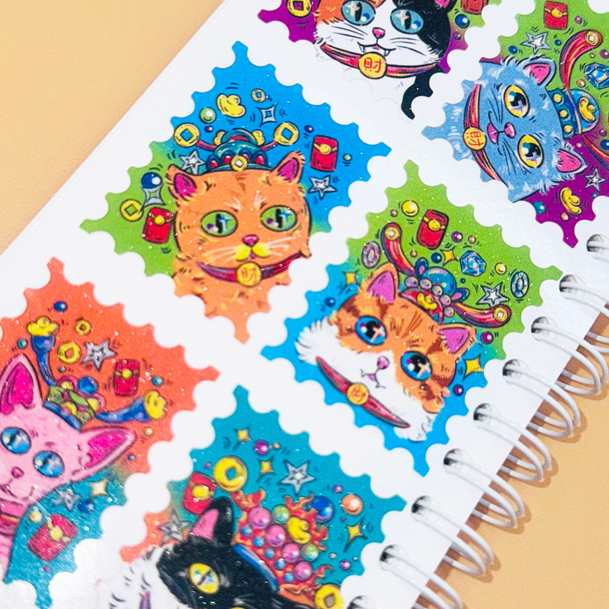 「猫财神」原创手账闪砂邮票贴纸 新年祝福主题手绘风 我们的世界,文具电教/文化用品/商务用品,贴纸/立体贴纸,淘宝优惠券,粉丝福利购,淘宝优惠卷