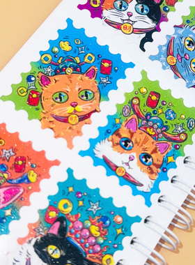 「猫财神」原创手账闪砂邮票贴纸 新年祝福主题手绘风 我们的世界