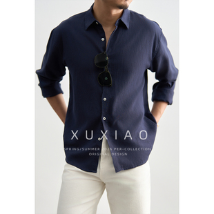 XUXIAO意式天丝亚麻老钱通勤透气休闲商务纯色长袖衬衫男衬衣春夏