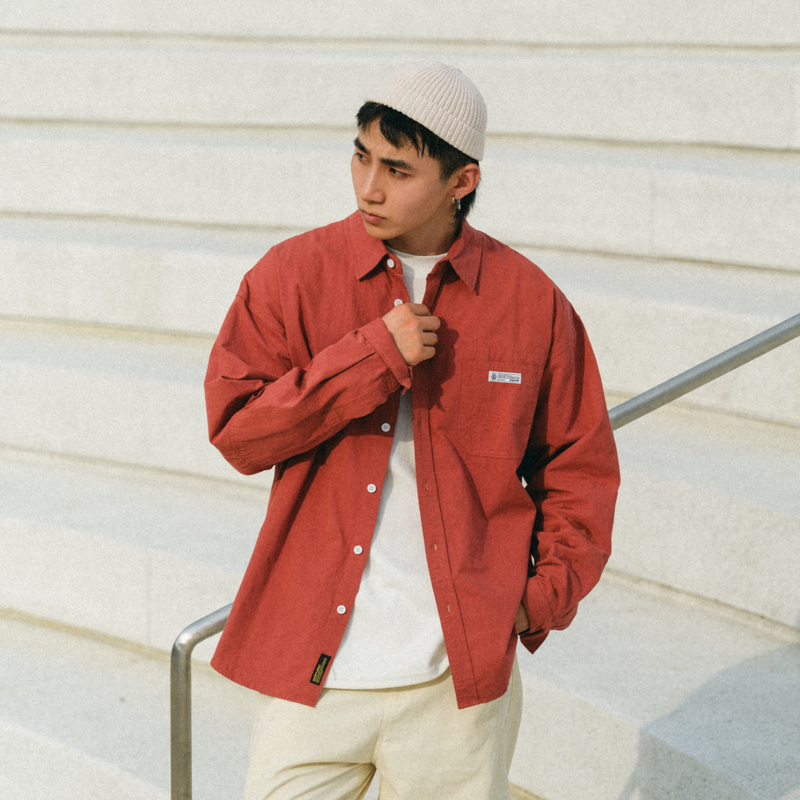 BDCT复古翻领长袖水洗贴标衬衫