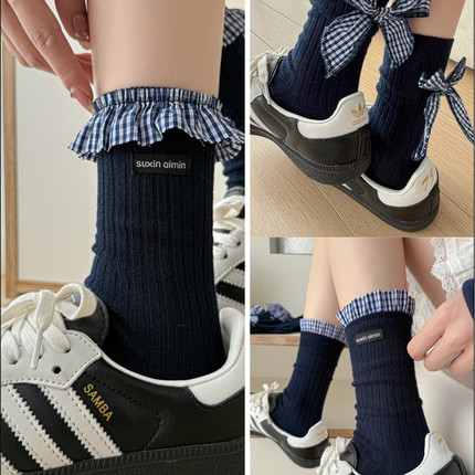 格子花边袜子女布标蝴蝶结袜子堆堆袜藏蓝色袜子中筒袜