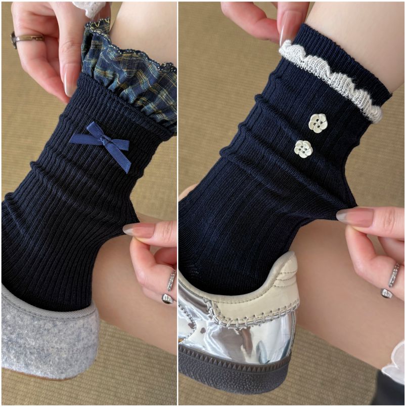 藏青系格子花边袜子女中筒袜miu系纽扣蝴蝶结条纹学院风堆堆袜