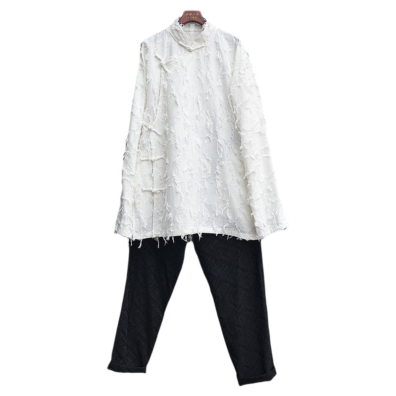 三世一木原创春秋棉麻长袖衬衫外套长裤套装大码时尚流行个性小众