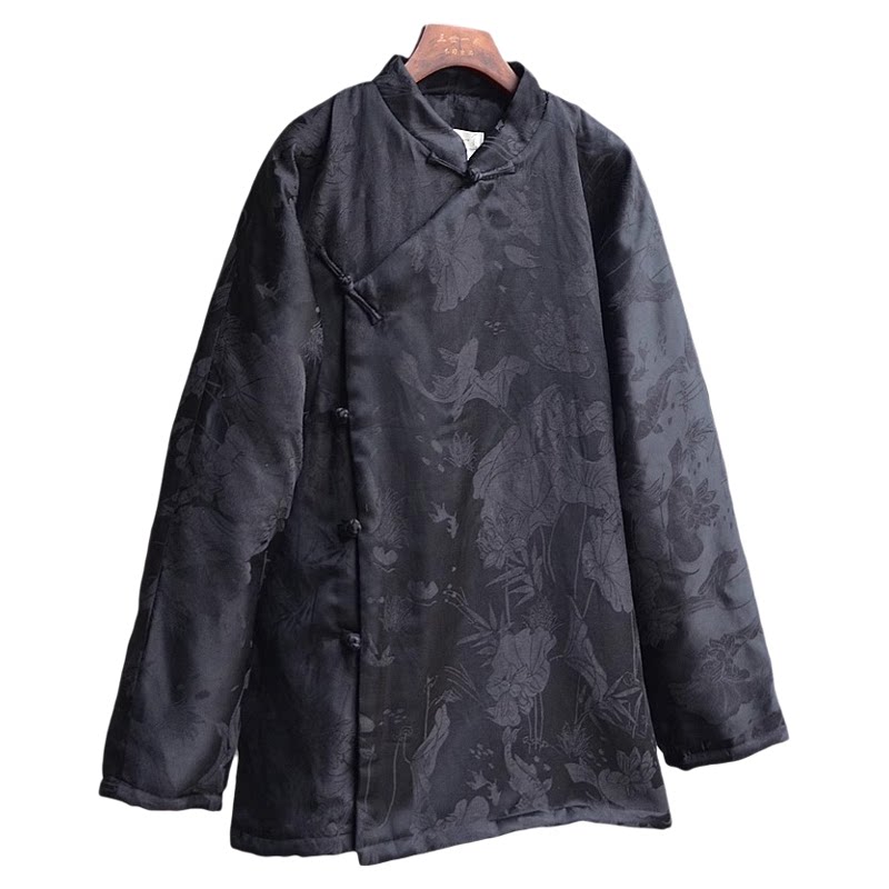 新款原创国风羊绒填充棉袄提花立领斜襟连袖保暖薄款冬季棉衣唐装