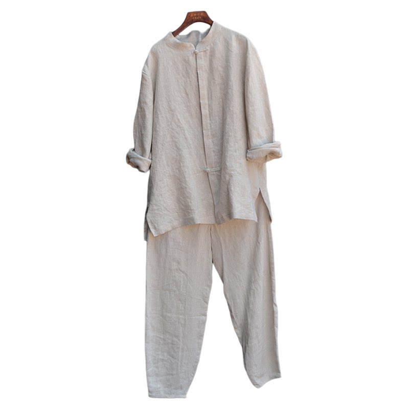 三世一木原创春秋亚麻套装长袖衬衫外套长裤大码时尚流行个性小众