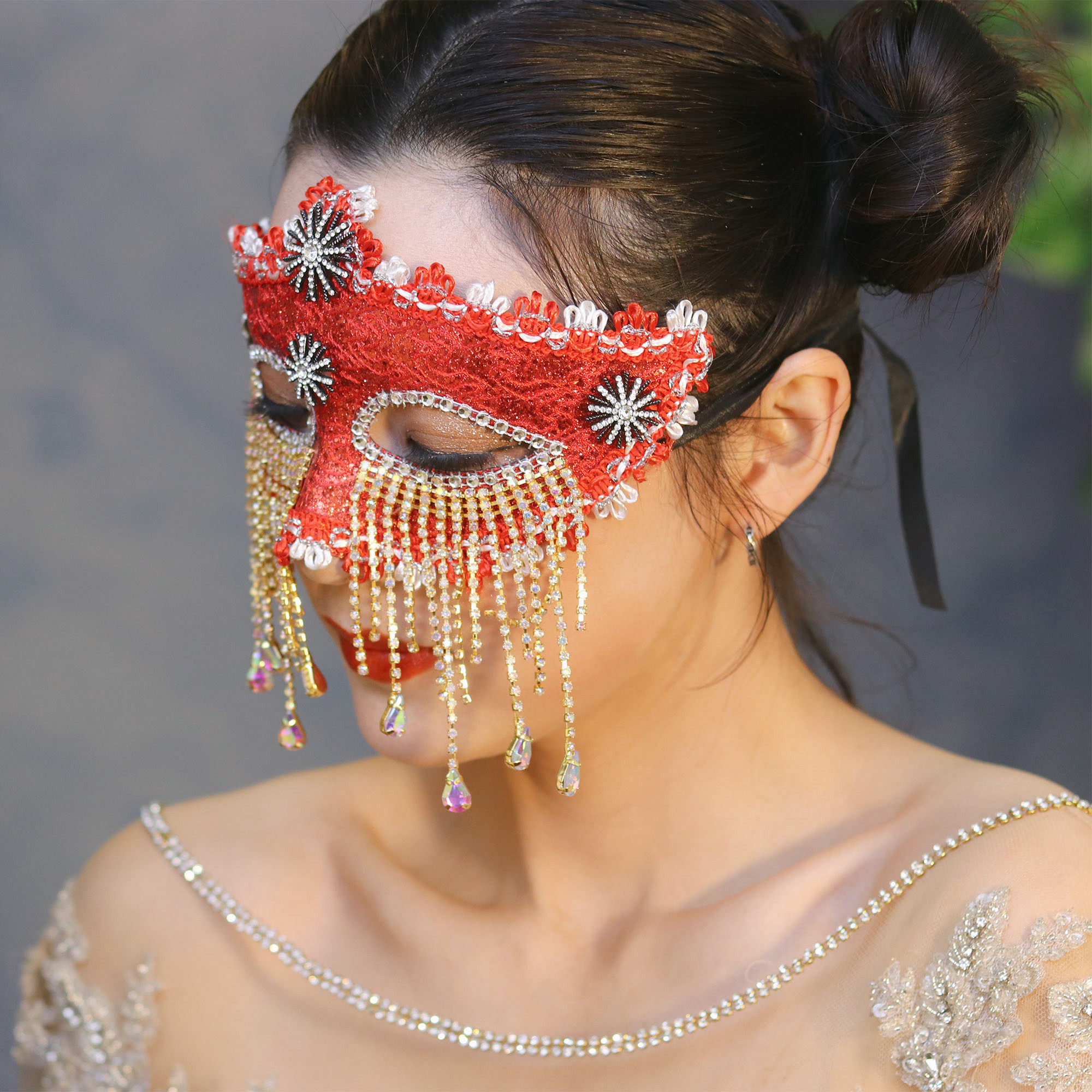 唯美复古面具流苏面纱女神公主假面舞台黑色红色新娘万圣诞节派对