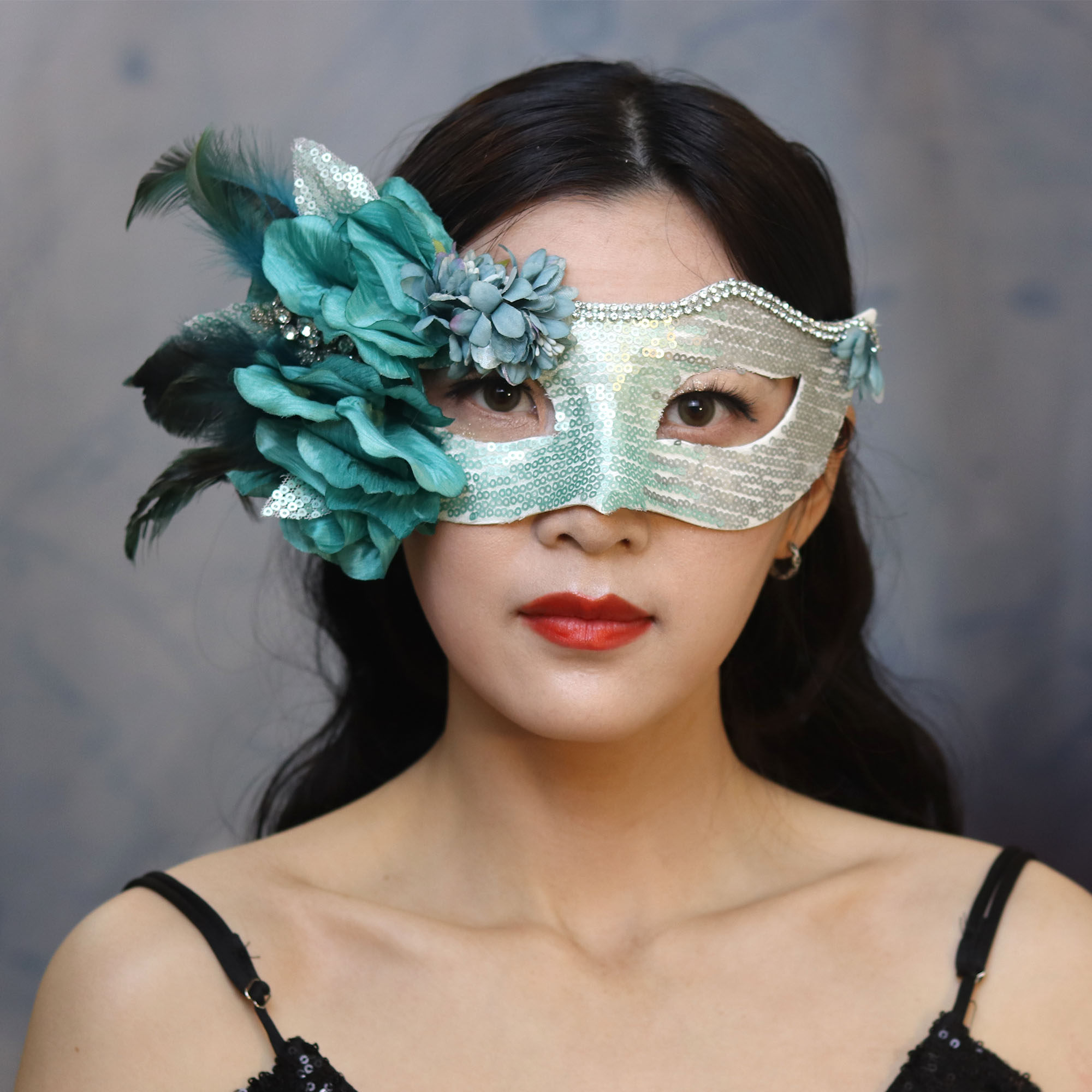 假面舞会绿色亮片花朵羽毛面具气质性感写真拍照宴会公主遮面饰品