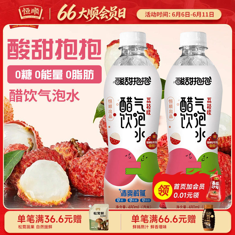 恒顺酸甜抱抱醋饮气泡水荔枝味无糖480ml*6瓶装碳酸果汁饮料清爽
