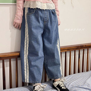 POISSON花边拼色直筒裤！韩国童装代购2026春款女童百搭休闲裤