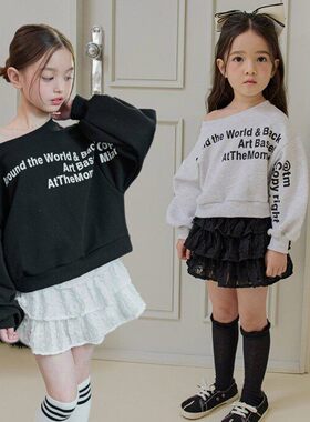 DORE字母短款斜肩卫衣！QZ~韩国童装代购26春款中大童上衣