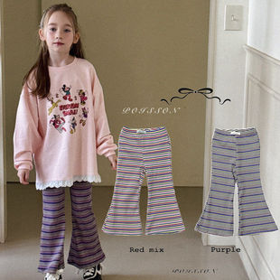 POISSON条纹拼色清新休闲裤！韩国童装代购2026春款女童休闲裤