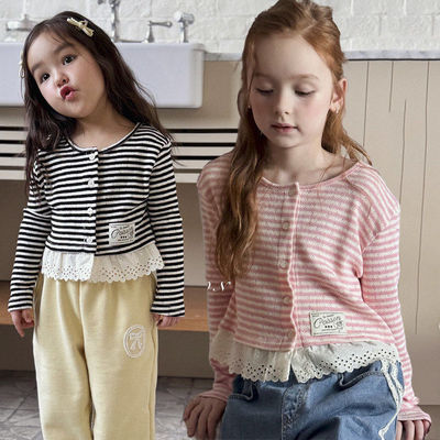 POISSON条纹拼色开衫外套！韩国童装代购2026春款女童短款外套