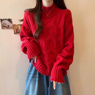2026年小清新麻花高领套头毛衣女秋冬新款加厚韩版宽松蝙蝠上衣