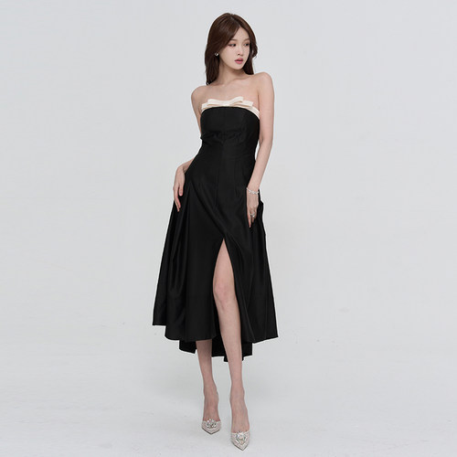 Sasa Studio名媛千金公主风蝴蝶结甜妹开衩抹胸裙礼服裙
