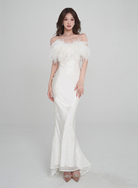 Sasa Studio 杨树林闪钻光感白色鸵鸟毛羽毛鱼尾拖地婚纱晚礼服