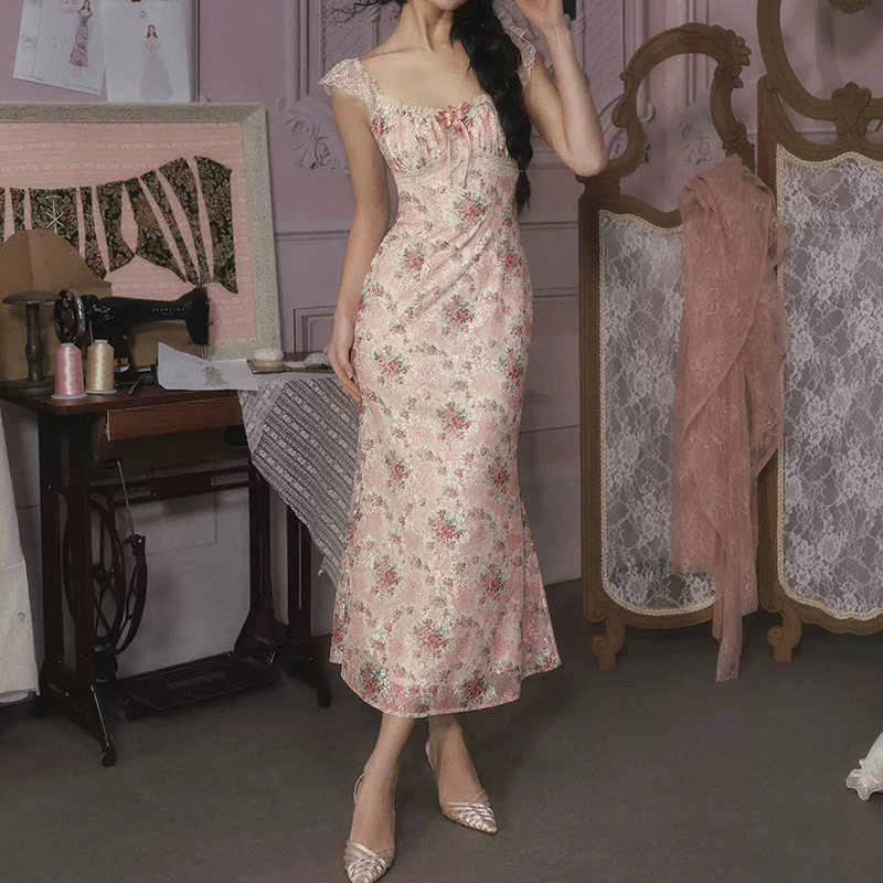 现货LaceMa蔷薇音乐盒法式复古浪漫印花鱼尾裙肌理感印花连衣裙