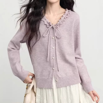 2026初春新款针织衫上衣千金风系带花边V领开衫毛衣女