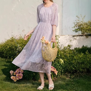 连衣裙女2026夏季 圆领泡泡袖 法式 印花收腰长裙子L86S133 新款