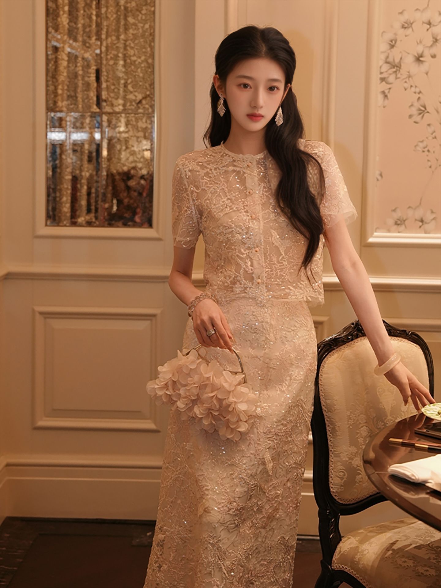 新中式2025夏季重工珠片蕾丝上衣女装国风气质修身衬衫半裙
