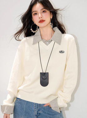 R5908跨境2025学院风格纹拼接假两件针织衫女秋季宽松休闲打底衫