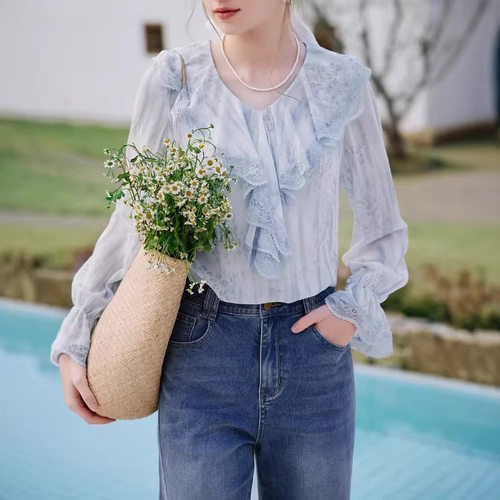 2026春季新款蕾丝正肩豹纹印花小衫法式荷叶边v领衬衫女S86C346