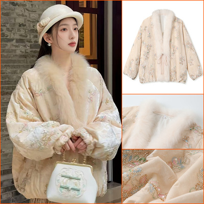 冬季感重工刺绣白鸭绒外套国风新中式狐狸毛毛领羽绒服 nx034