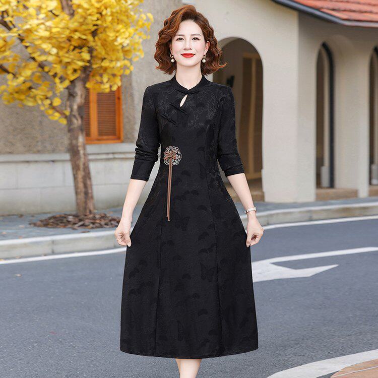 新中式改良旗袍连衣裙女中年妈妈装长袖盘扣洋气减龄裙子春秋裙子