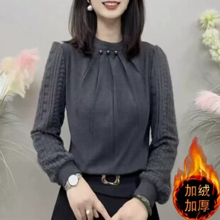 淑女风蕾丝灯笼袖打底衫女高级感纽扣装饰加绒加厚妈妈内搭女上衣