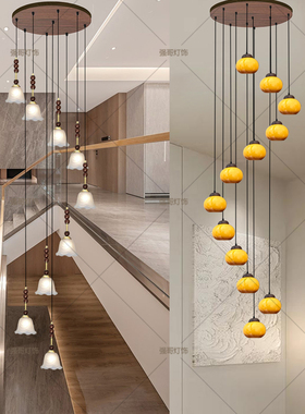 法式胡桃木色中古别墅中空大吊灯旋转复式楼梯公寓loft灯饰跃层