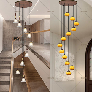 法式 楼梯公寓loft灯饰跃层 胡桃木色中古别墅中空大吊灯旋转复式
