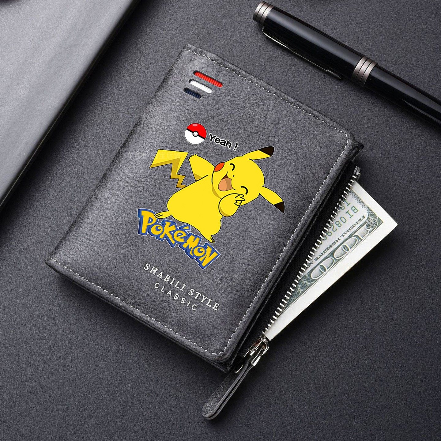 宝可梦皮卡丘男士短款钱包青年学生拉链PU皮夹零钱包卡通动漫黑色