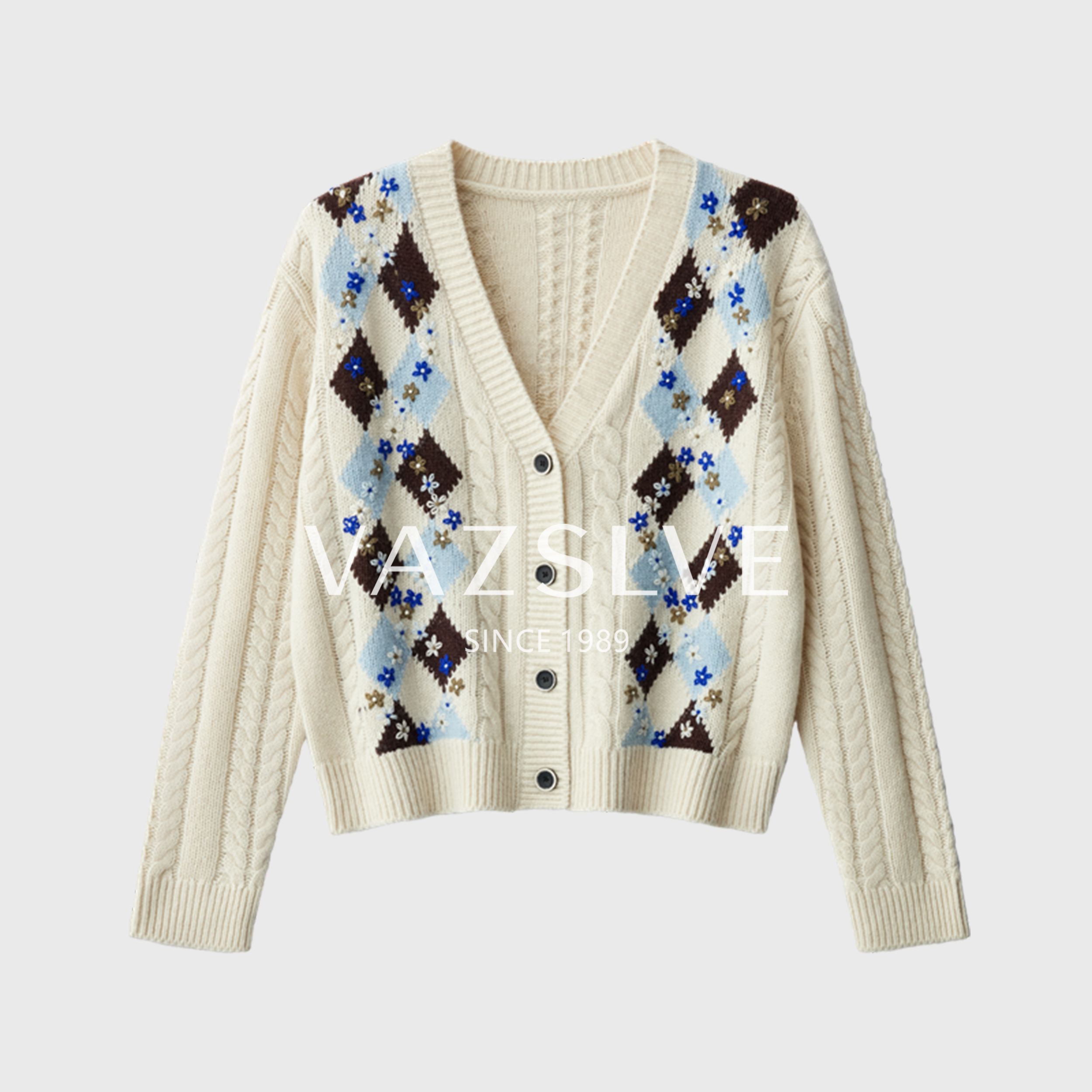 【羊绒+羊毛】高奢质感手缝菱形格V领复古开衫刺绣提花毛衣外套