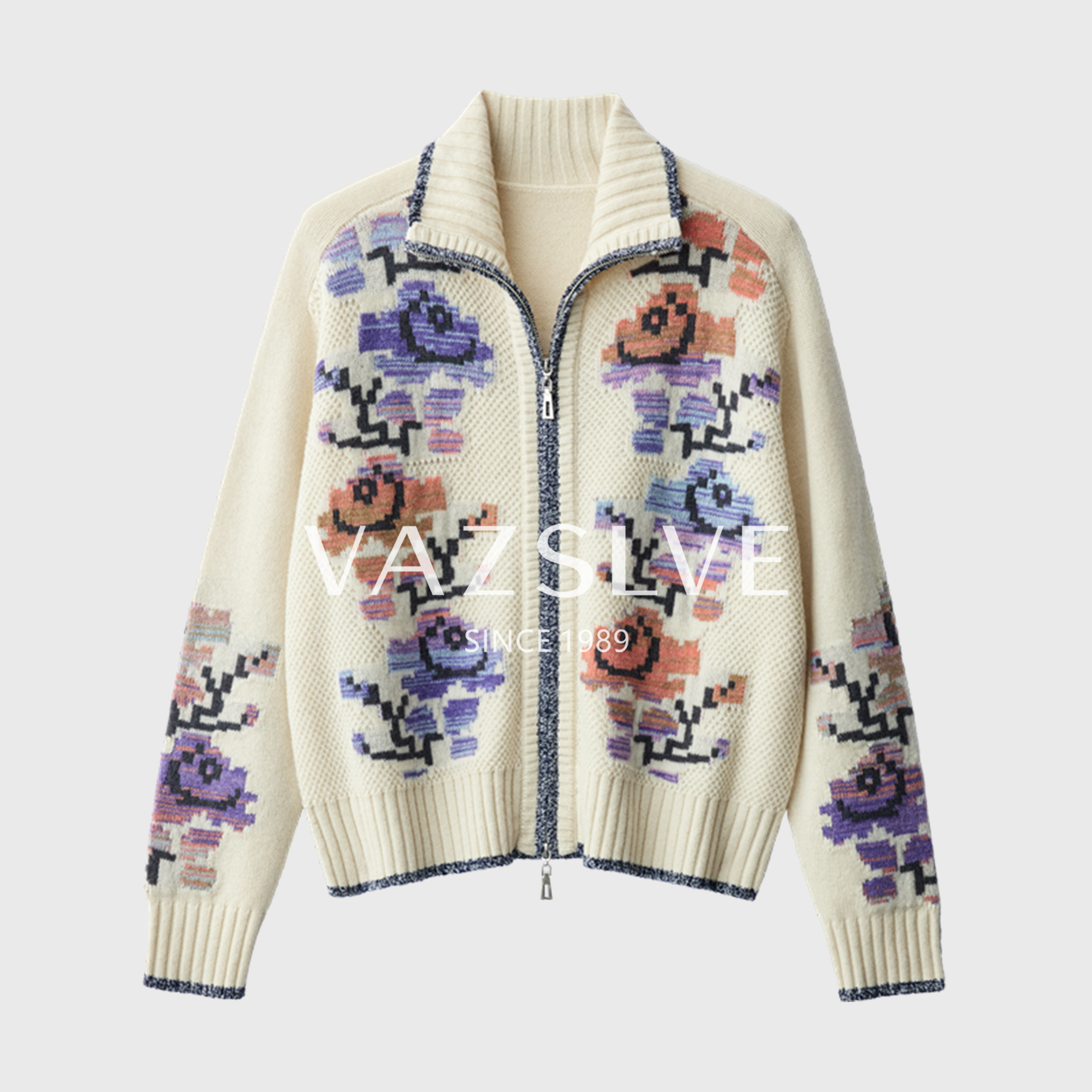 【羊绒+羊毛】超气质~法式独特重工提花撞色加厚毛衣双头拉链外套